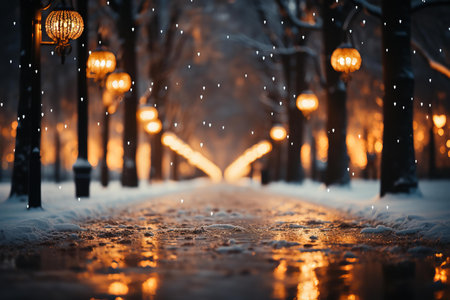 A picturesque winter scene of a snowy path winding through a park at night, lit by warm lanterns. The path is lined with trees, their branches laden with snow.の素材