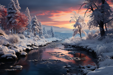 A breathtaking winter landscape of a river running through a snow-covered forest, with snow-capped mountains in the distance.の素材