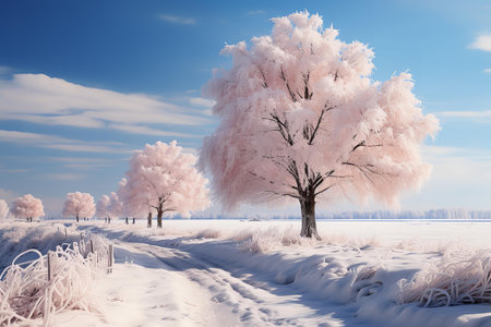 A row of snow-covered trees stand tall on either side of a snow-covered road, creating a picturesque winter scene.の素材