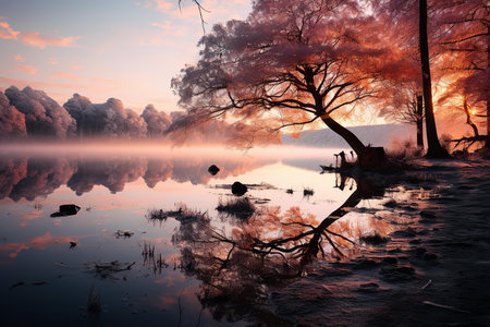 A lone figure sits under a tree by a tranquil lake, their silhouette framed by the golden rays of the setting sun. The water is calm and still, reflecting the fiery colors of the sky.の素材