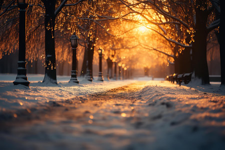 A breathtaking winter landscape of a snow-covered path winding through a park at sunset. The sun is setting low in the sky, casting a warm golden glowの素材