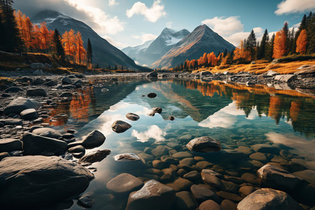 a mountain range covered in snow, a calm river filled with rocks, and trees with a mix of orange and green leaves. The clear blue sky and the reflection of the mountainsの素材