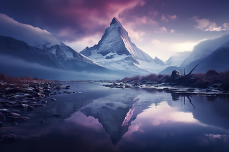 A breathtaking view of a majestic mountain with a jagged peak reflected in the still waters of a pristine lake. The crystal-clear water mirrors the mountain perfectlyの素材