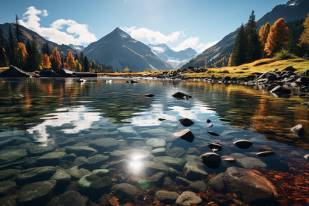 A stunning landscape photo of a mountain range with a calm lake in the foreground. The sky is a beautiful orange and pink color, and the trees are a mix of green and autumn colors.の素材