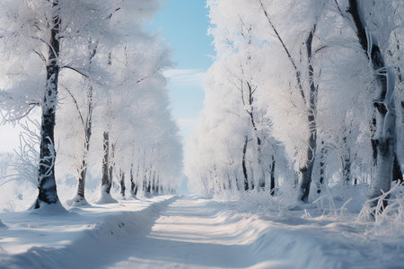 A row of snow-covered trees stands tall next to a winding road, creating a picturesque winter scene. The snow glistens in the sunlightの素材