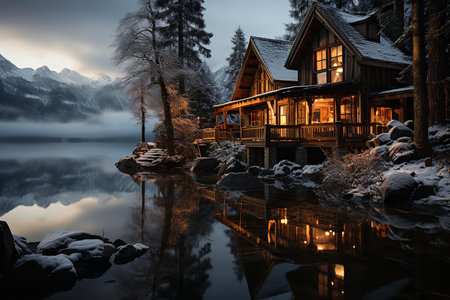 beautiful winter landscape features a cozy cabin in the woods with a lake and mountains in the background. The cabin is lit up with warm lights, and the lake is perfectly stillの素材