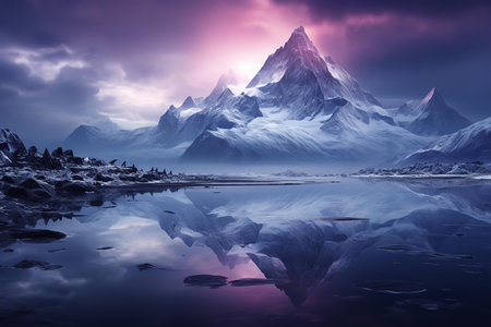 A majestic snow-capped mountain peak rises up from the calm waters of a pristine alpine lake. The crystal-clear water reflects the skyの素材