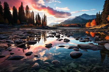 a mountain range with a calm river in the foreground. The sky is a beautiful orange and pink color, and the trees are a mix of green and autumn colors.の素材