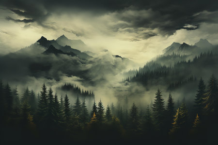 beautiful mountain landscape features a range of mountains with a foggy and cloudy atmosphere. The mountains are covered in trees and the sky is a dark and stormy grey.の素材