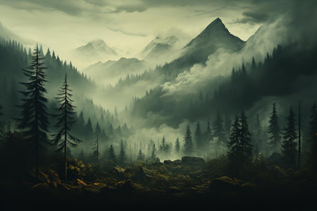 beautiful mountain landscape features a range of mountains with a dense forest in the foreground and a cloudy sky in the background. The image is dark and moody with a green and gray color palette.の素材