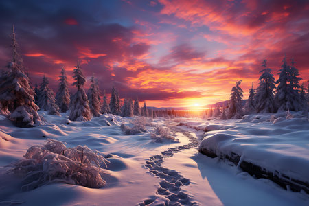 The sun sets over a snow-capped forest, painting the sky in hues of orange and pink. The snow-laden branches of the trees sparkle in the fading lightの素材