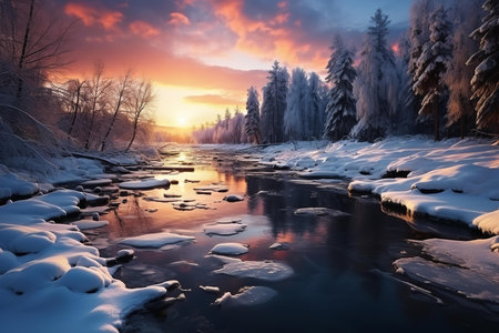 The sun sets over a snow-covered forest, casting a golden glow over the trees and snow. The branches of the trees are laden with snowの素材