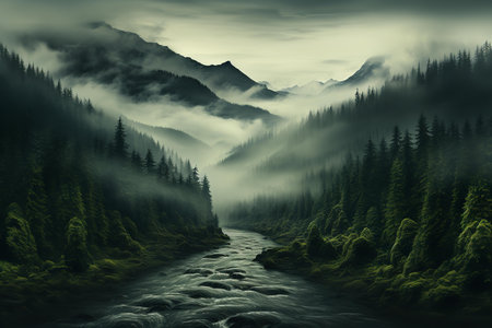 the snow-capped peaks of mountains rise majestically above the treeline. The scene is both eerie and beautiful, evoking a sense of wonder and mystery.の素材