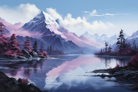 A serene mountain lake scene with a snow-capped peak towering in the distance. The crystal-clear water reflects the surrounding greenery and the blue sky aboveの素材