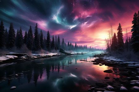 A breathtaking display of the aurora borealis over a tranquil river scene. The vibrant colors of the northern lights dance and shimmer across the skyの素材
