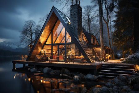 Nestled on the shores of a tranquil lake, this modern cabin boasts a striking triangular roof that blends seamlessly with the surrounding landscape.の素材