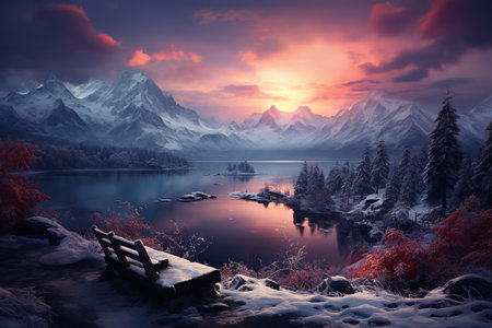 A picturesque winter scene of a snow-covered bench sitting next to a tranquil lake, with snow-capped mountains rising majestically in the distance.の素材