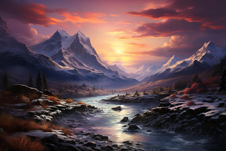 A breathtakingly beautiful painting of a river winding through a lush green valley with snow-capped mountains rising majestically in the distance.の素材