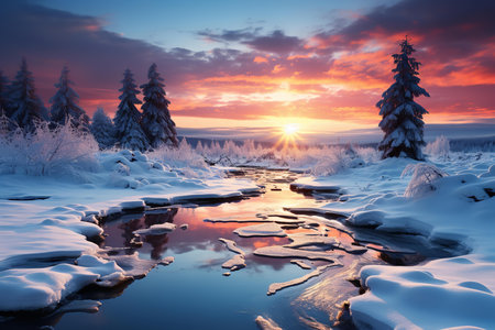 Stunning winter landscape with snow-capped mountains, a winding road, and a bridge over a river at sunset The road is flanked by tall pine trees, their branches heavy with snow.の素材