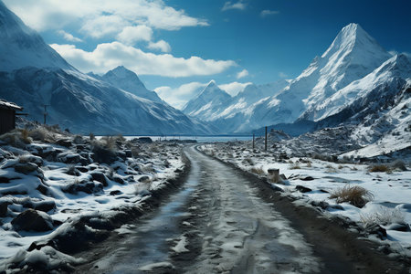 A mesmerizing winter scene of a dirt road winding through a snowy landscape, surrounded by towering mountains. The road is empty, inviting the viewer to take a journeyの素材