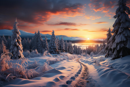 A stunning winter landscape with a snowy forest path leading to a wooden bridge over a frozen river. The trees are covered in a blanket of white snowの素材