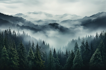 A mysterious fog shrouds a dense forest, obscuring the details of the trees and underbrush. In the distance, the snow-capped peaks of mountains rise majestically above the treeline.の素材
