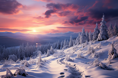 A breathtaking winter scene with a snow-capped mountain range bathed in golden sunlight, set against a fiery sunset sky. The mountains are majestic and imposingの素材