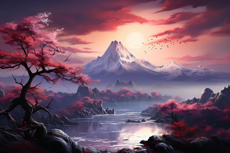 A beautiful painting of a river winding through a landscape of trees and mountains. The trees on the riverbank reflect perfectly in the still waterの素材