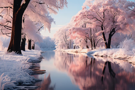 A picturesque view of a river surrounded by snow-covered trees. The stillness of the water reflects the beauty of the winter wonderland around it.の素材