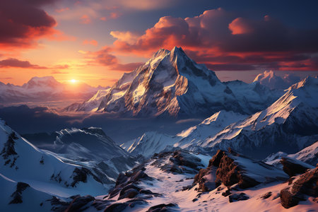 A breathtaking view of a snow-capped mountain towering over a pristine lake, with the setting sun casting a warm glow on the scene. The mountain's reflection dances in the crystal-clear waterの素材