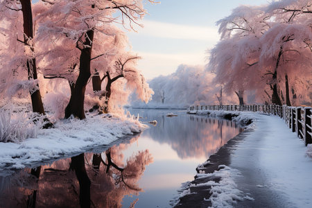 A mesmerizing winter scene of a river surrounded by snow-capped trees. The stillness of the water reflects the serene beauty of the surrounding forest.の素材