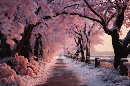 A magical winter wonderland with a snow-covered path winding through a grove of cherry blossom trees in full bloom. The pink flowers contrast beautifully with the white snow, and the air is filled with their sweet fragrance.の素材