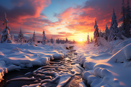 A stunning winter landscape with snow-capped mountain peaks rising above a winding river and lush forest. The river is a beautiful shade of turquoiseの素材