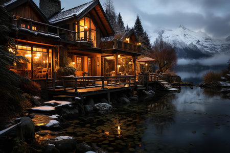 A rustic log cabin nestled on the shores of a pristine lake, with a deck offering stunning views of the surrounding mountainsの素材