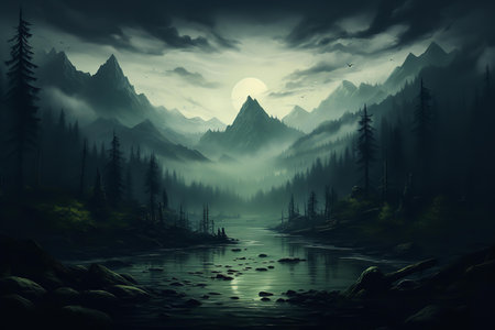 the snow-capped peaks of mountains rise majestically above the treeline. The scene is both eerie and beautiful,の素材