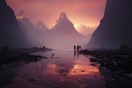A group of people hike along a river surrounded by mountains at sunset. The river is calm and reflects the colors of the sky, and the mountains are silhouetted against the orange and pink clouds.の素材