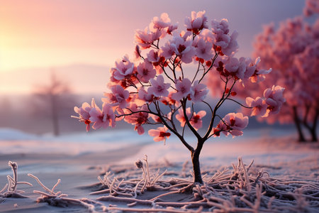 a beautiful and serene landscape of a snow-covered field with a pink cherry blossom tree in the foreground. The tree is in full bloom and the background is a soft orange and pink sunrise.の素材