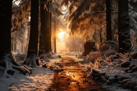 a forest path at sunrise in the winter. The path is covered in snow and the trees are frosted. The sun is shining through the trees, creating a warm glow. The image is serene and peaceful.の素材