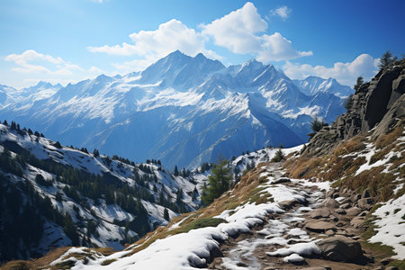 a stunning view of a mountain range covered in snow. The peaks are sharp and the sky is blue. The image is taken from a high vantage point and the mountains stretch out into the distance.の素材