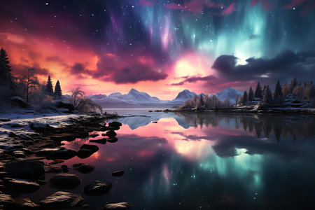A painting of the Northern Lights over a river in a forest. The river is calm and reflects the vibrant colors of the Aurora Borealis, and the trees are silhouetted against the night sky.の素材