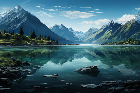 The lake's surface reflects the surrounding mountains and sky, creating a mirror image of the beauty above. The only sound is the gentle lapping of the water against the shore.の素材
