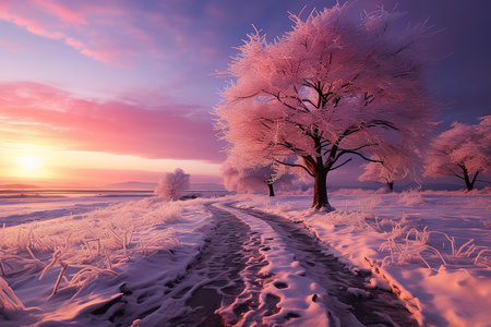a tree covered in snow and ice in a winter landscape. The tree is the focal point of the image. The sky is a beautiful pink and orange color with the sun setting in the background.の素材