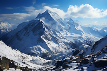 a snow-covered mountain range. The mountains are majestic and the snow is pristine. The image captures the natural beauty of the mountains and the peacefulnessの素材