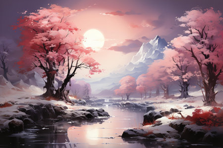 A stunning painting of pink cherry blossoms blooming over a river in Japan. The cherry blossoms are in full bloom, and their petals are falling into the river.の素材