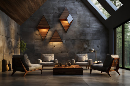 Elegant interior design featuring a modern meeting room with stylish furniture, concrete walls adorned with unique geometric mirrors reflecting a serene forest view.の素材