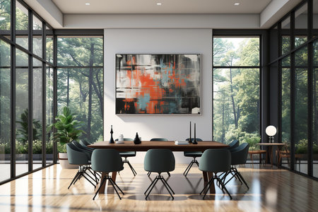 A modern and elegant meeting room with a large abstract painting on the wall, a wooden table, and green chairs. The room is filled with natural lightの素材