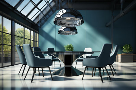 a modern dining room with a black table and blue chairs. The room has a large window with a view of trees and a blue sky.の素材