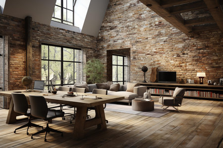 modern office space with a large arched window offering a view of the lush green forest outside, wooden desk, leather chairs, plants, contemporary designの素材