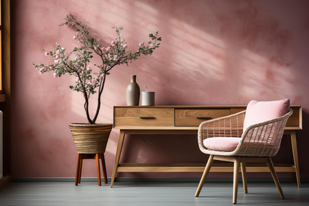 A beautiful and elegant interior design of a office room with a pink wall and a wooden sideboard. The room is decorated with a pink cushioned chair and a vase with a blooming tree.の素材