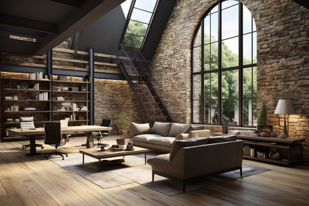 Elegant workspace featuring high ceilings, exposed brick, contemporary furniture. A blend of modern design in a rustic setting with natural light.の素材